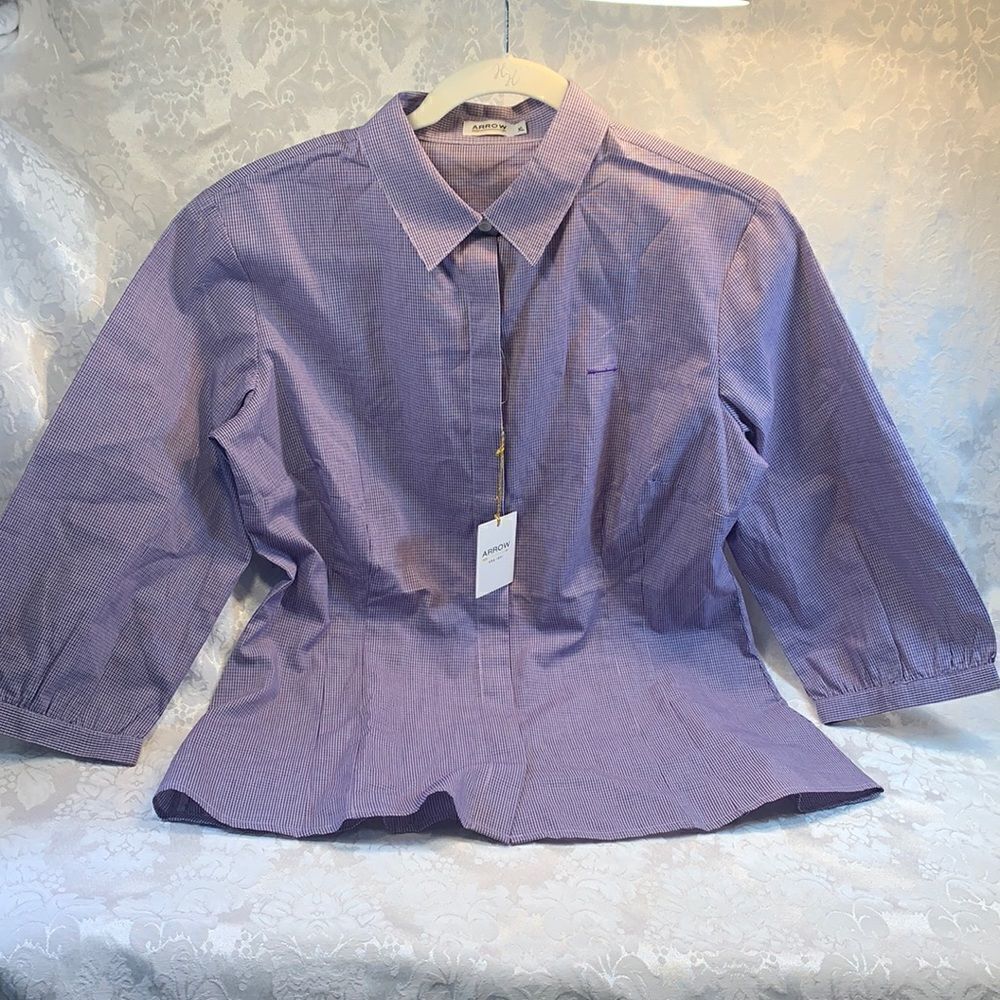 Arrow USA Size XL Purple White Check Button Front 3/4  Button Sleeve Fitted New